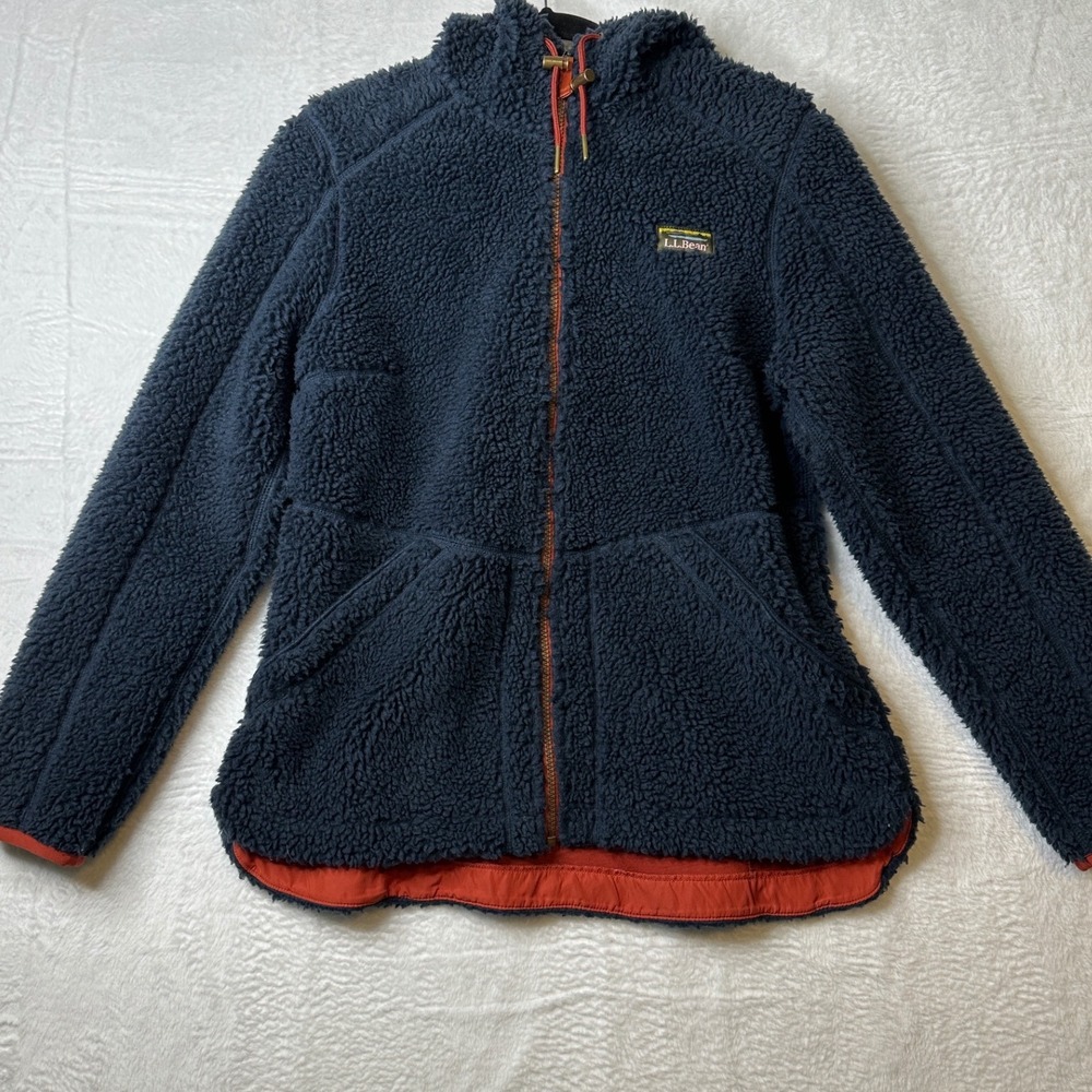 LL Bean Mountain Pile Fleece Hooded Jacket Navy Blue Orange Trim Womens Medium